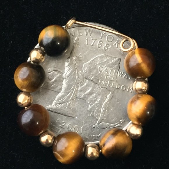 VTG Tiger Eye + Gold HOOP EARRINGS 80s Cat Eye - Picture 4 of 6